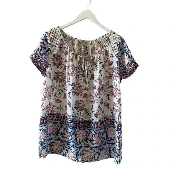 Lucky Brand Blue Red White Boho Paisley Floral Pattern Short Sleeves Blouse L - Picture 1 of 11